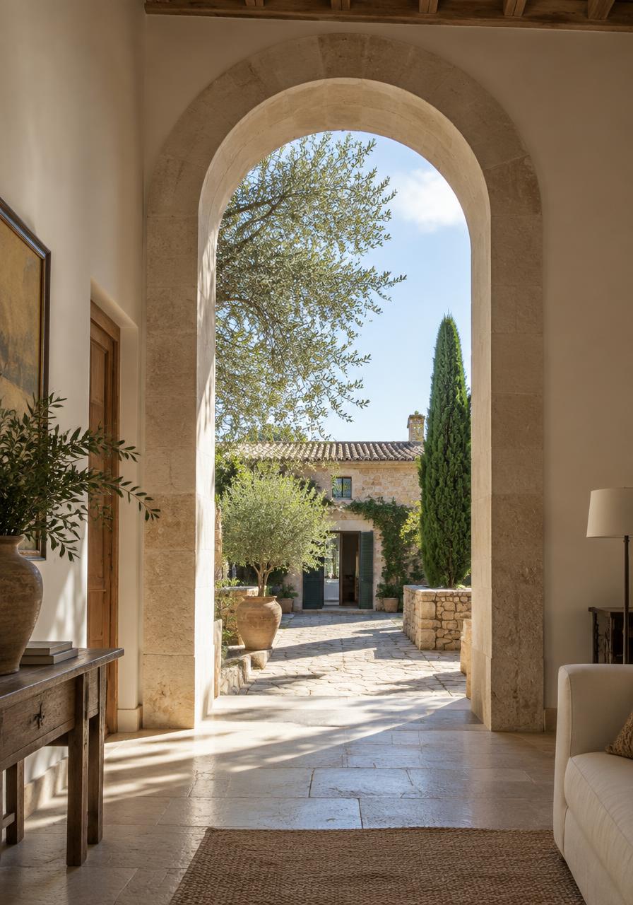 Limestone archway opening onto a sunlit Mallorcan courtyard